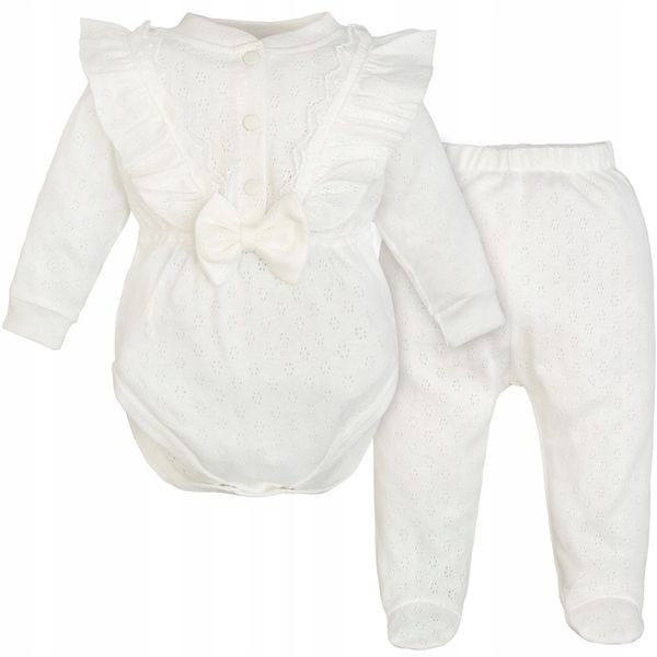 KOMPLET niemowlęcy elegancki AŻUROWY bawełniany Z FALBANKAMI do Chrztu 68 zdjęcie 1