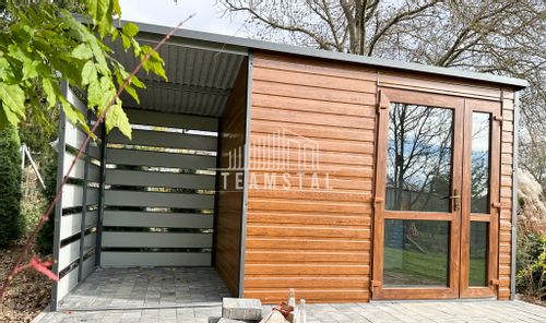 SCHOWEK - DOMEK OGRODOWY 2,5m x 2m + wiata 1,3m spad w tył TS511 na Arena.pl