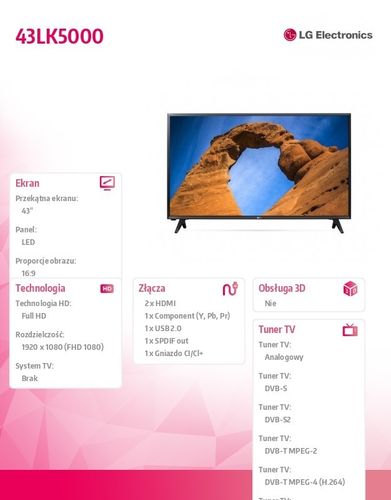 LG Electronics Telewizor LED 43 43LK5000 na Arena.pl