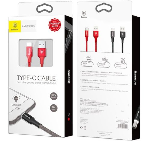Kabel USB Type-C Baseus Rapid Series LED 200cm 2A czerwony na Arena.pl
