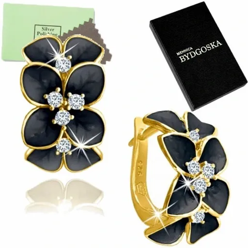ZLOTE KOLCZYKI DLA KOBIETY KWIATY CZARNE, KOLCZYKI SREBRO PRÓBA 925 zdjęcie 1