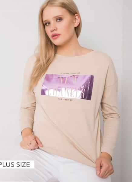 Modna bluzka plus size z nadrukiem R 48 BEŻOWA zdjęcie 1