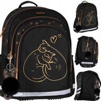 PLECAK TORNISTER SZKOLNY DLA DZIEWCZYNKI CZARNY ZŁOTY KOT KOTEK KLASA 1 3