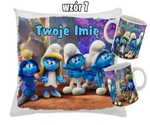 Zestaw SMERFY KUBEK + PODUSZKA RÓŻNE WZORY + IMIĘ UNIKALNY WYJĄTKOWY na Arena.pl
