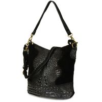 Torebka Skórzana Zamszowa Croco Listonoszka 2 Paski Czarna Beltimore W13