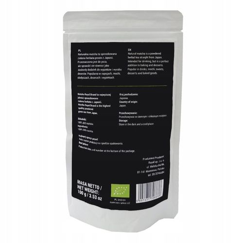 Royal Matcha Japońska Bio Zielona Herbata 100g Herbata w Proszku Shizuoka na Arena.pl