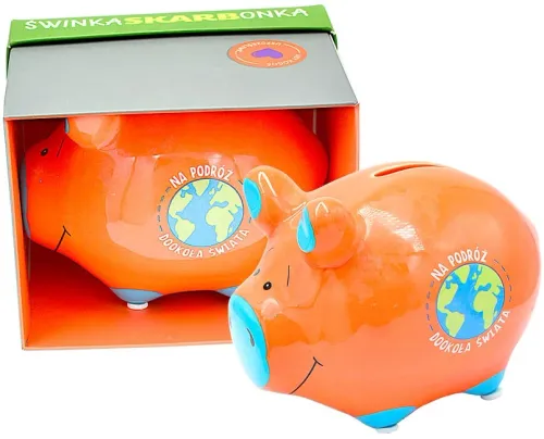 Skarbonka Świnka z napisem „NA PODRÓŻ DOOKOŁA ŚWIATA” na Arena.pl