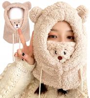 Komin Czapka Ciepła Kaptur Damski Z Misiem Uszy