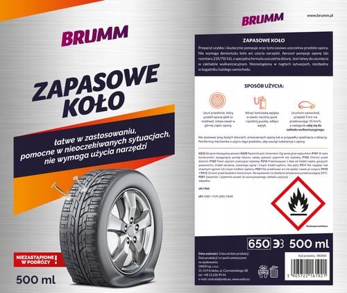 KOŁO ZAPASOWE USZCZELNIACZ DO OPON W SPRAYU BRUMM ŁATWE ZASTOSOWANIE 500 ml na Arena.pl