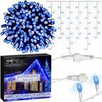 SOPLE 500 LED KURTYNA LAMPKI ZEWNĘTRZNE NIEBIESKIE + FLASH ZIMNY BIAŁY 15M
