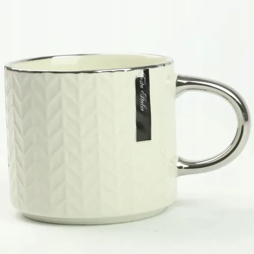 KUBEK PORCELANOWY DO KAWY HERBATY WZÓR SWETEREK 470ML ZE SREBRNYM UCHEM na Arena.pl