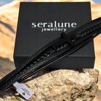 Bransoletka Męska Skórzana Czarna Z Krzyżem Pleciona Skóra Krzyż Seralune