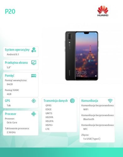 Huawei Smartfon P20 64GB DualSIM Czarny na Arena.pl