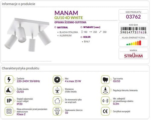 Lampa listwa MANAM 4D white 4xGU10 03762 Struhm na Arena.pl