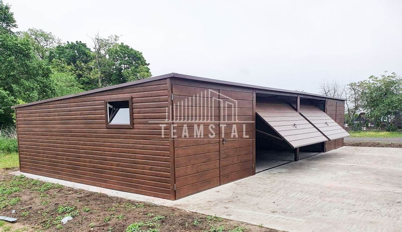 GARAŻ BLASZANY 12m x 5m poziom - spad tył 4x Brama - ciemny orzech TS224 12x5 zdjęcie 3