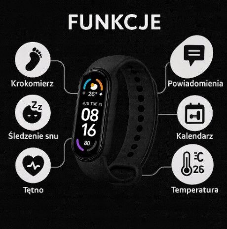 CZARNY SMART BAND 6 - PODGLĄD SMS, POŁĄCZENIA SMARTWATCH OPASKA na Arena.pl