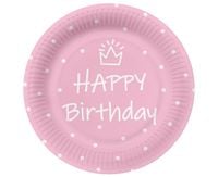 Talerzyki papierowe Happy Birthday różowe, 23 cm 10 szt.