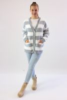 Zapinany ciepły sweter w pasy Karla Biało-turkusowy UNI