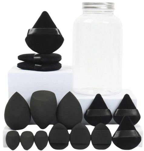 Zestaw czarnych gąbek do makijażu w słoiczku blender i puszki do pudru na Arena.pl