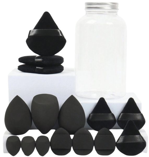 Zestaw czarnych gąbek do makijażu w słoiczku blender i puszki do pudru zdjęcie 2