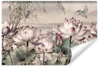Fototapeta Ścienna KWIATY Lotosu Rośliny Ptaki Styl Retro 270cm x 180cm