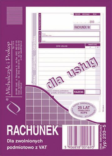 DRUK RACHUNEK DLA ZWOLNIONYCH Z VAT DLA USŁUG A6 233-5 5906858001693 na Arena.pl