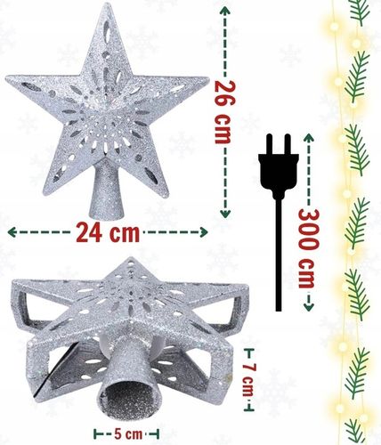Gwiazda na choinkę LED srebrna brokatowa z projektorem płatki śniegu czubek na Arena.pl