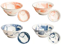 Zestaw 4 japońskich misek różowa i niebieska, Neko Nishiki 14,5 cm x 6,5 cm - Emro