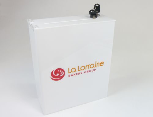 Urna skarbonka puszka z plexi mlecznej z nadrukiem UV 25x10x30cm na Arena.pl