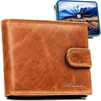 brązowy, skórzany portfel męski wyposażony w system rfid i zamykany