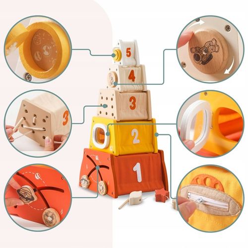 Drewniana piramidka edukacyjna Montessori sorter kształtów, labirynt, cyfry na Arena.pl