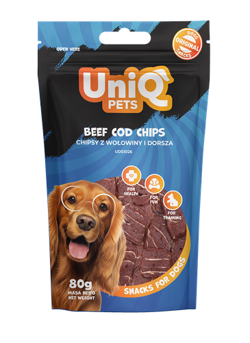 Przysmaki dla psa smaczki chipsy z wołowiny i dorsza 80g UNIQ PETS na Arena.pl