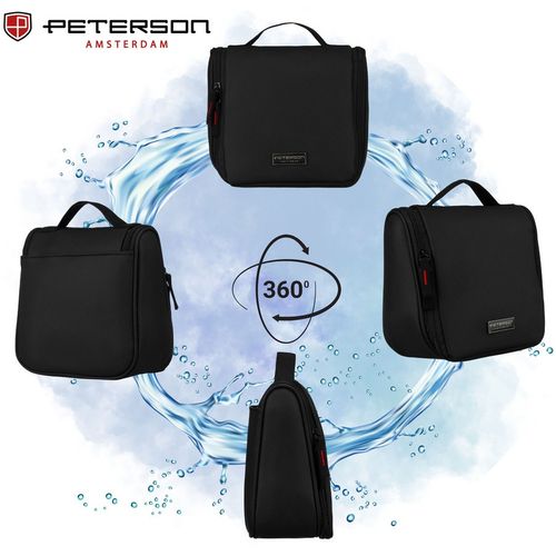 syntetyczna kosmetyczka podróżna w czarnym kolorze z haczykiem zamykana na Arena.pl