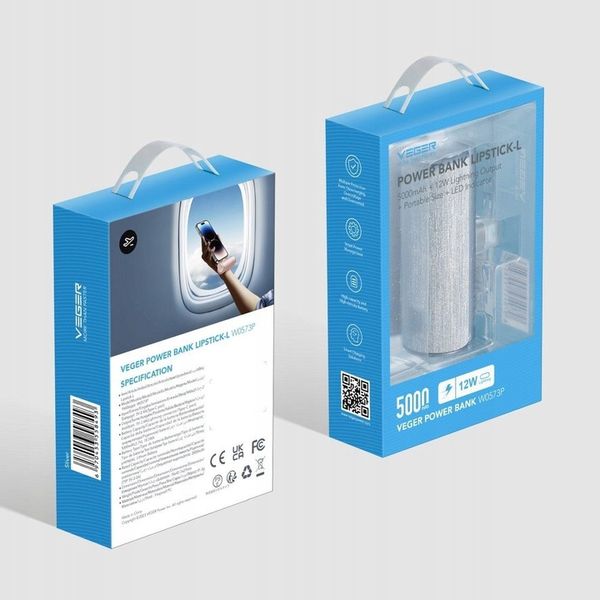 Powerbank VEGER PlugOn 5000mAh na podróż 12W wbudowane złącze USB C lekki zdjęcie 5