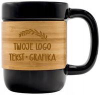 Kubek czarny z bambusową opaską TWOJE LOGO NAPIS gadżet firmowy 25 szt