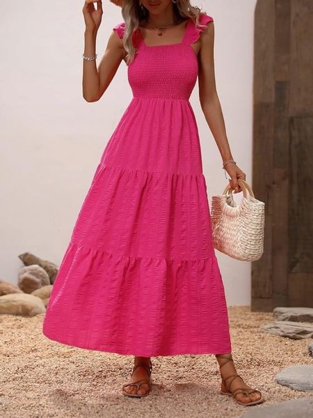 LETNIA SUKIENKA LUŹNA CODZIENNA MAXI RÓŻOWA MARSZCZENIA KOBIECA NA PLAŻĘ zdjęcie 3