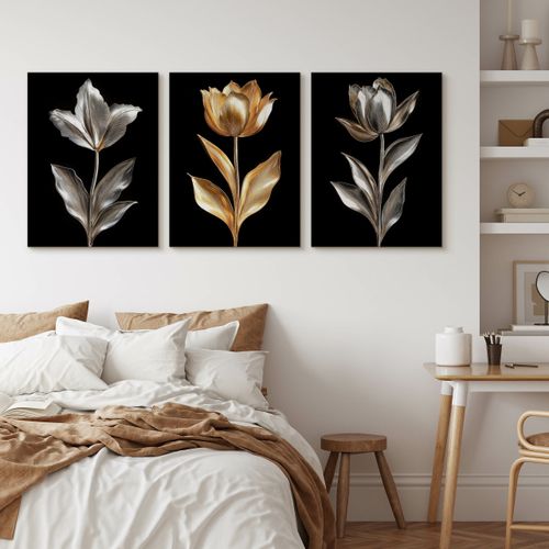 Obrazy Do Sypialni Set Złote Srebrne Kwiaty Natura Styl Glamour 90cm x 40cm na Arena.pl
