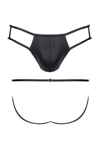 męskie stringi z wetlooka z otwartym tyłem i elementem dekoracyjnym l na Arena.pl