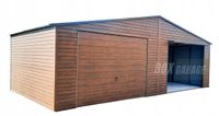 GARAŻ BLASZANY 8m x 6m poziom - dwuspad - 2x Brama uchylna - ciemny orzech drewnopodobny BOX54 8x6