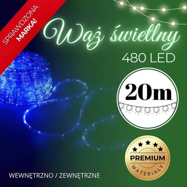 Wąż świetlny 480 Led niebieski 20m z programatorem IP44 zdjęcie 2