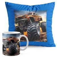 ZESTAW KUBEK + PODUSZKA NIEBIESKA - AUTO MONSTER TRUCK
