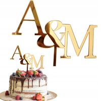 TOPPER TOPER PARY MŁODEJ INICJAŁY na tort ślubny ZŁOTY LUSTRZANY PLEXI