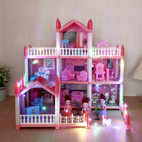 DUŻY ZESTAW MEBLI DO DOMKU DLA LALEK 3 PIĘTRA 9 POKOI z oświetleniem LED na Arena.pl