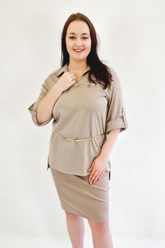 Elegancka Bluzka z Kołnierzykiem i Złotym Paskiem Beżowa 40 na Arena.pl