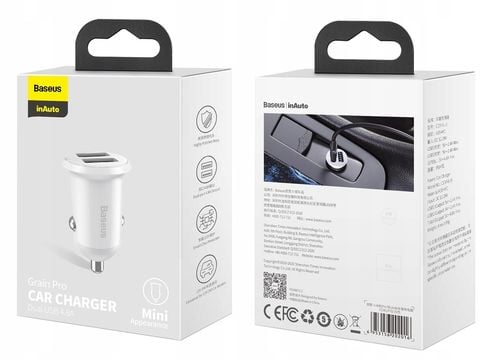 Ładowarka samochodowa Baseus Grain Pro 2x USB 4.8A (biała) na Arena.pl