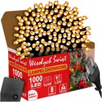 LAMPKI CHOINKOWE BIAŁY CIEPŁY 1000 LED 8 TRYB ZEW/WEW 63 METRY NA CHOINKĘ