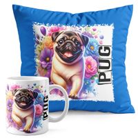 ZESTAW KUBEK + PODUSZKA NIEBIESKA - PIES PSY PIESEK RASA MOPS PUG