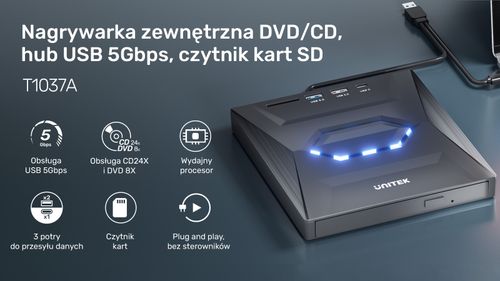 Unitek Nagrywarka zewnętrzna DVD/CD, Hub USB 5Gbps, czytnik kart SD na Arena.pl