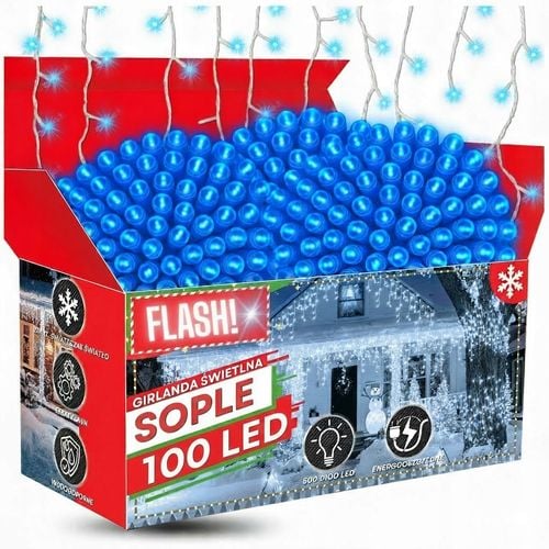 Kurtyna 100 LED 5,3 m Niebieska + Flash Sople Zewnętrzna Gumowy Przewód na Arena.pl