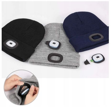 Czapka Zimowa Ocieplana z Latarką Lampką LED Ładowanie USB 4Tryby Świecenia na Arena.pl